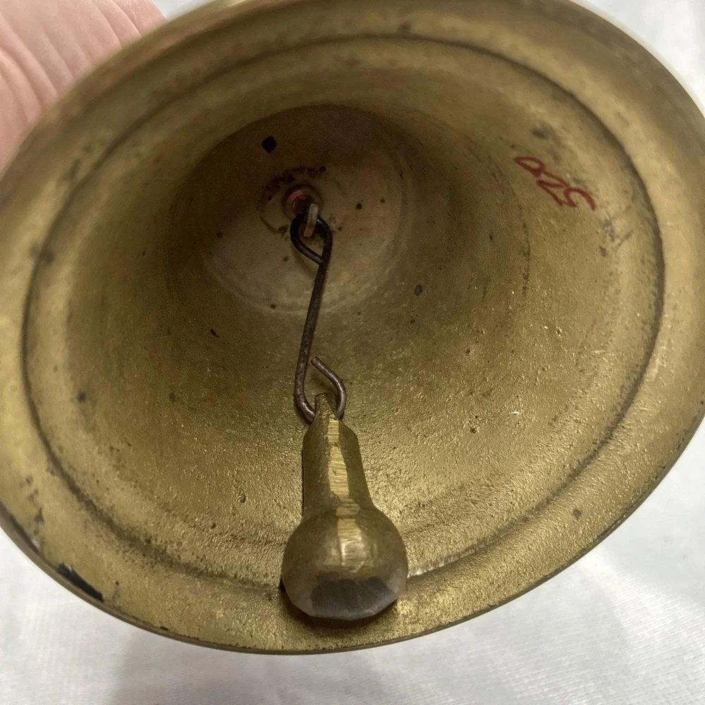 Vintage Large Brass Hand Bell Loud School Church Desk Wood Handle 10 inches .